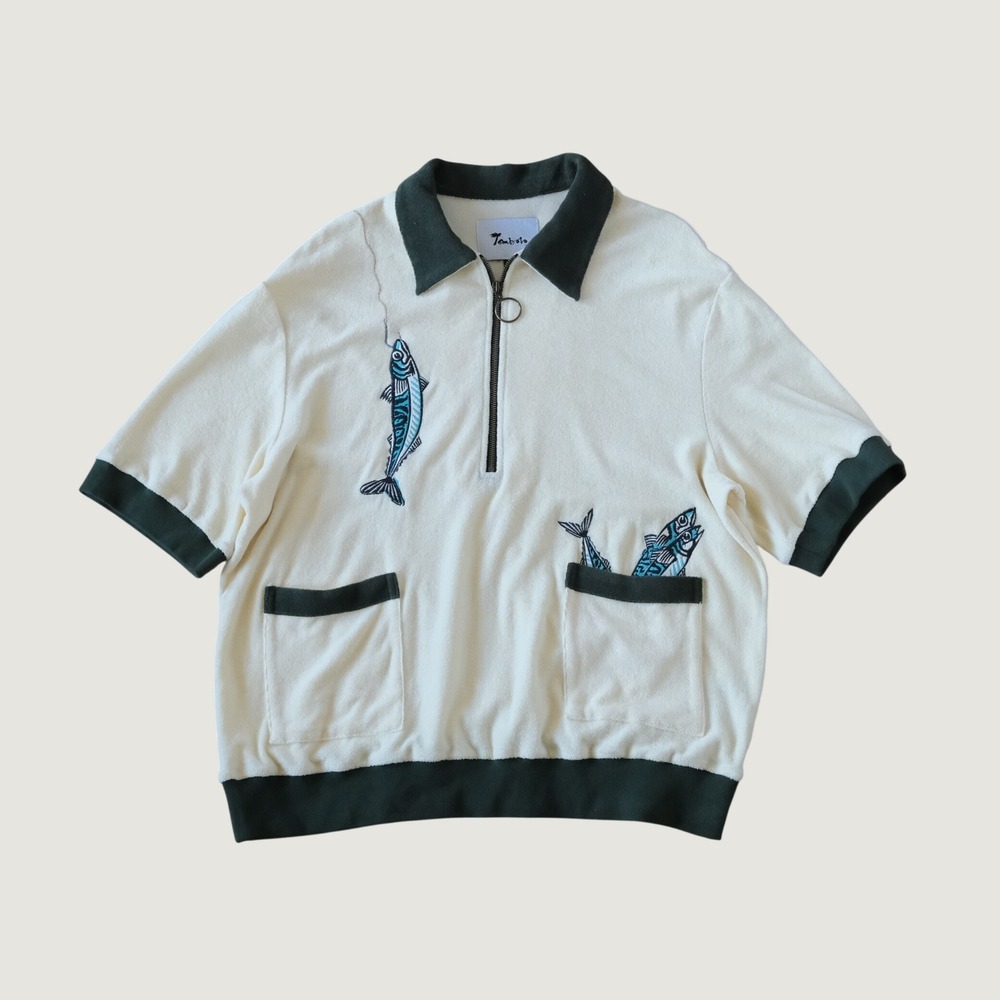 Tombolo The Angler Cabana Shirt Men Cream Green Fish Embroidery Retro XL Style